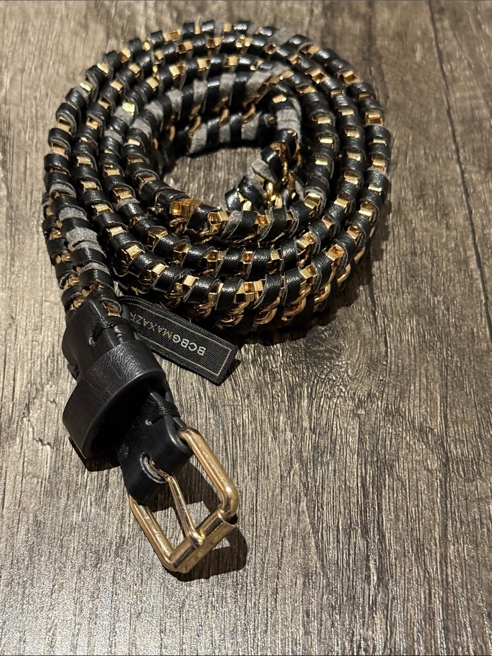 BCBGMaxAzria Black Braided Leather Belt with Gold Hardware